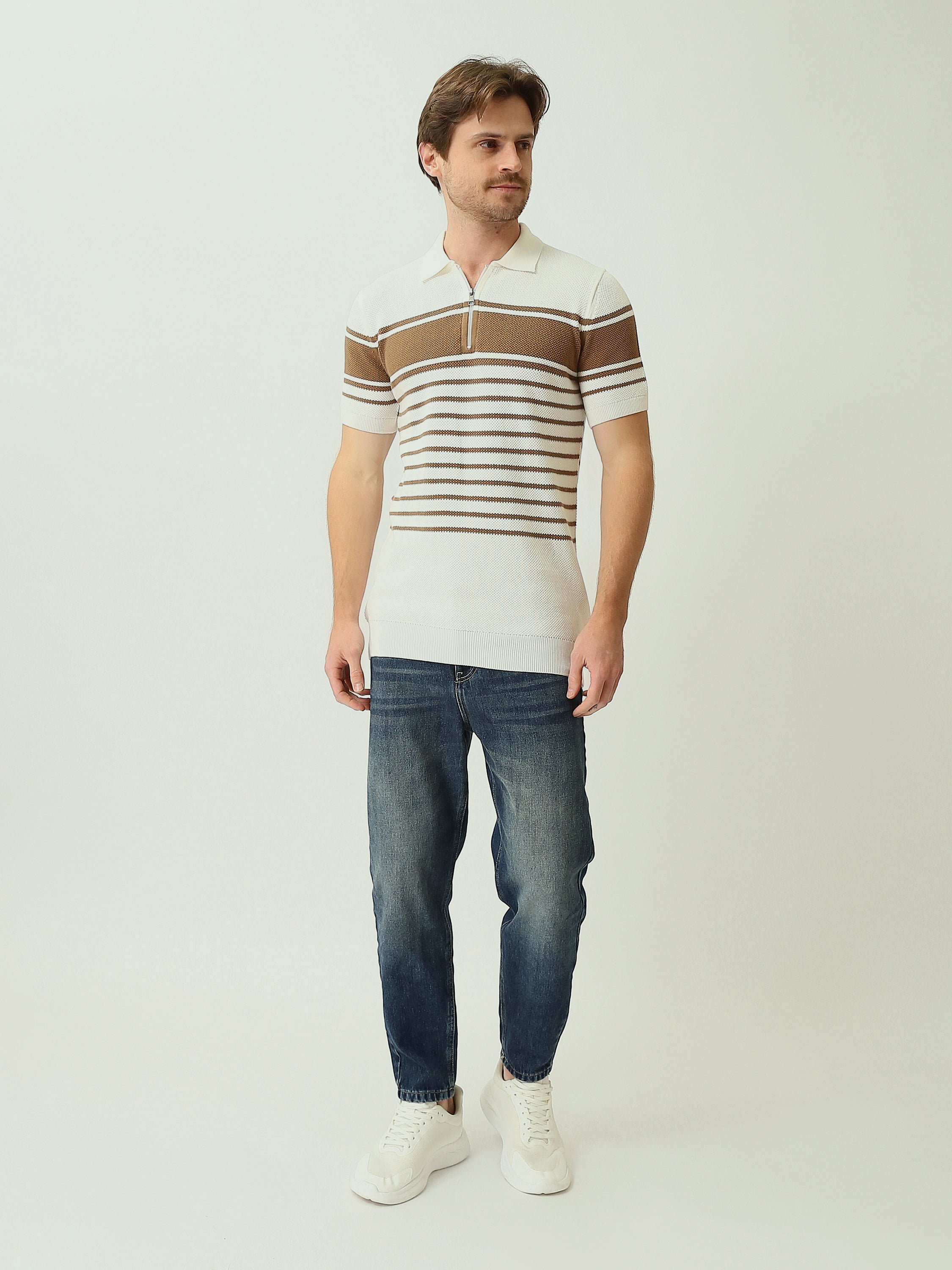 Polo Homme en Maille Rayée à Col Zippé – Style Chic - POS25SKTW21955TM1