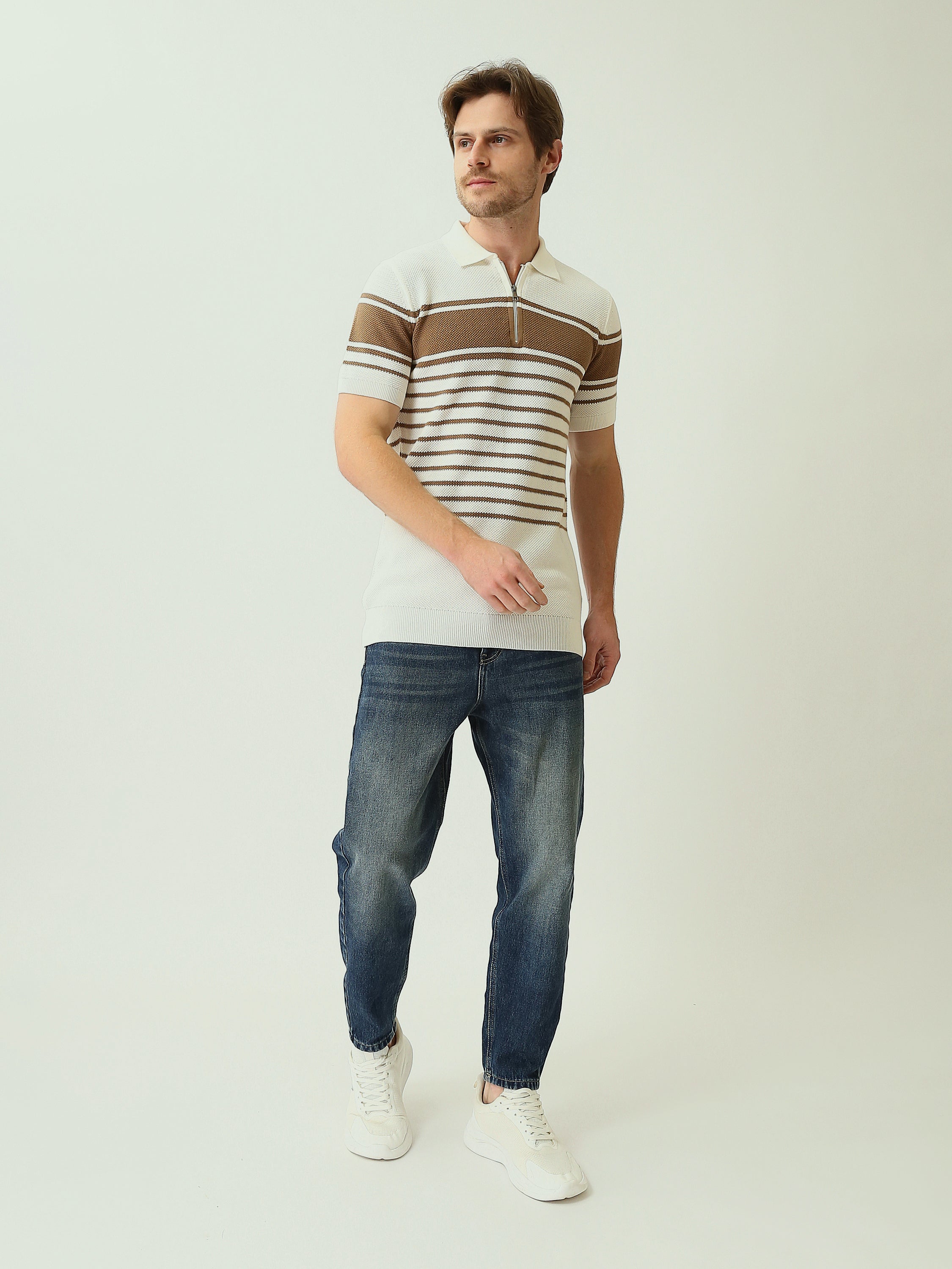 Polo Homme en Maille Rayée à Col Zippé – Style Chic - POS25SKTW21955TM1