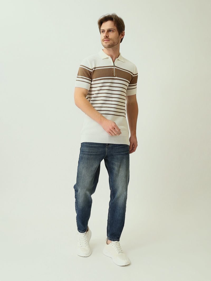 Polo Homme en Maille Rayée à Col Zippé – Style Chic - POS25SKTW21955TM1