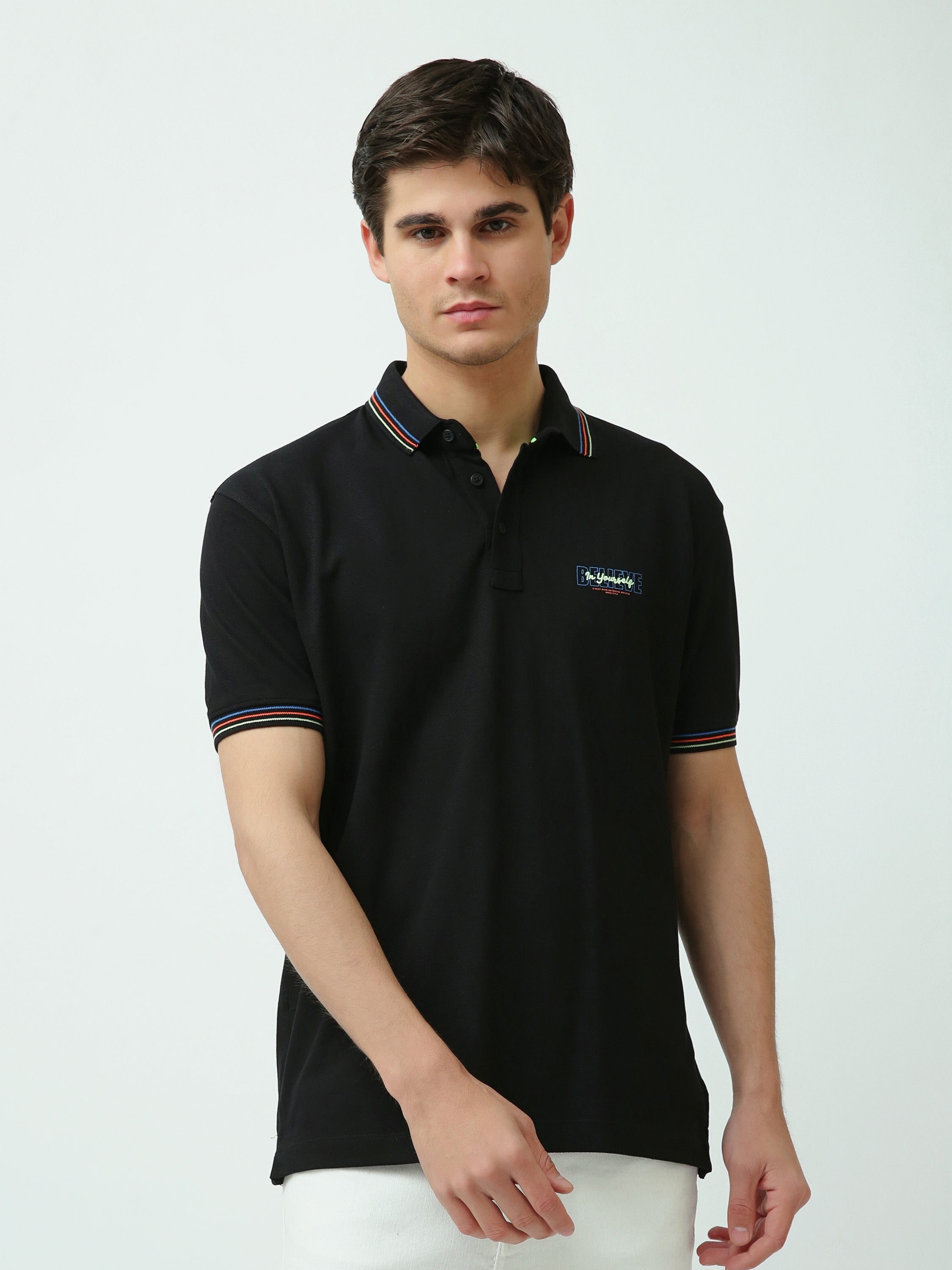 Polo Homme Regular Fit – Col Rayé Coloré en Noir – POS25SPPR21919TM1