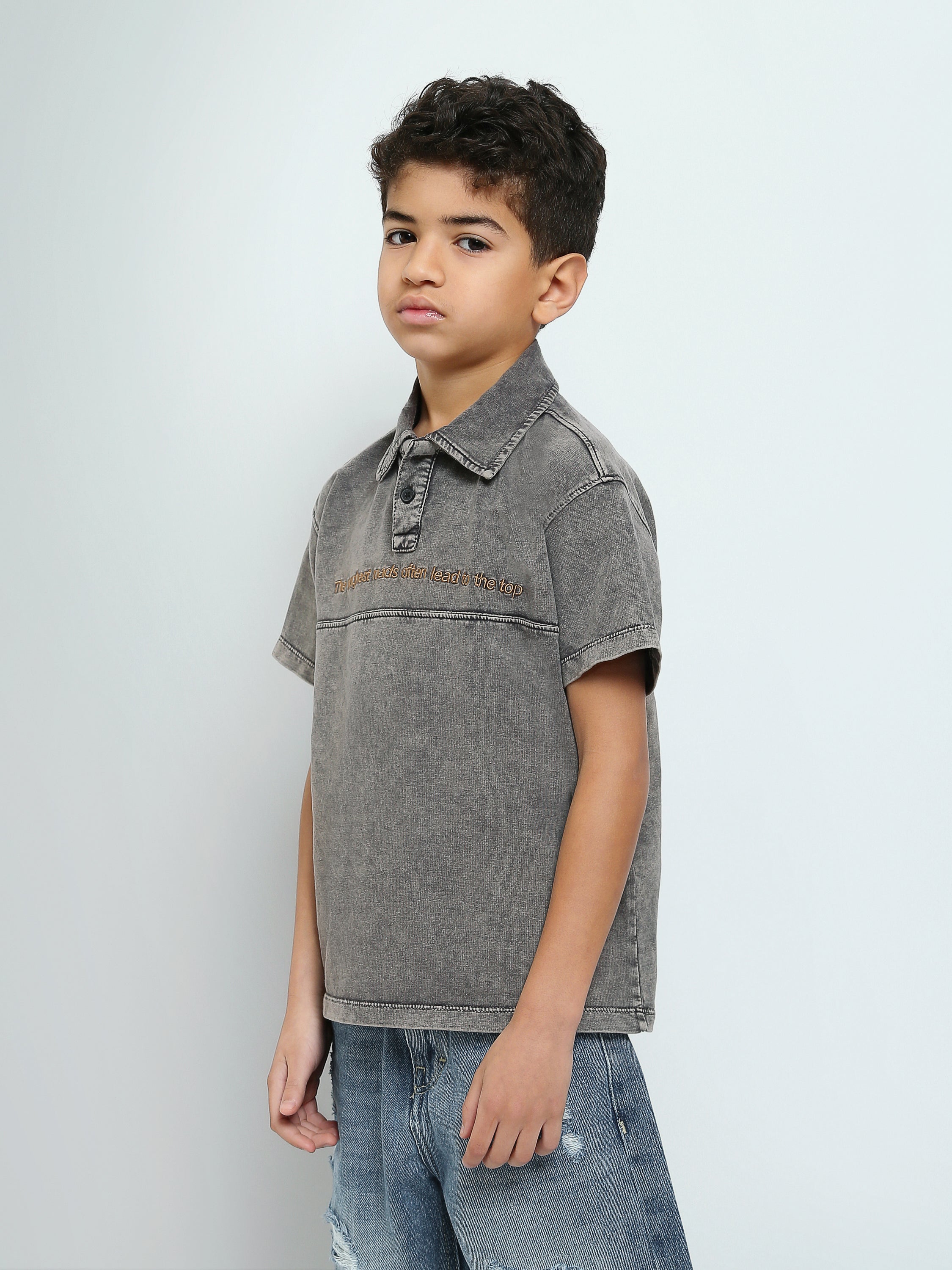 Polo Garçon Délavé à Manches Courtes – Style Casual Moderne avec Broderie - POS25SPWR21075TB1