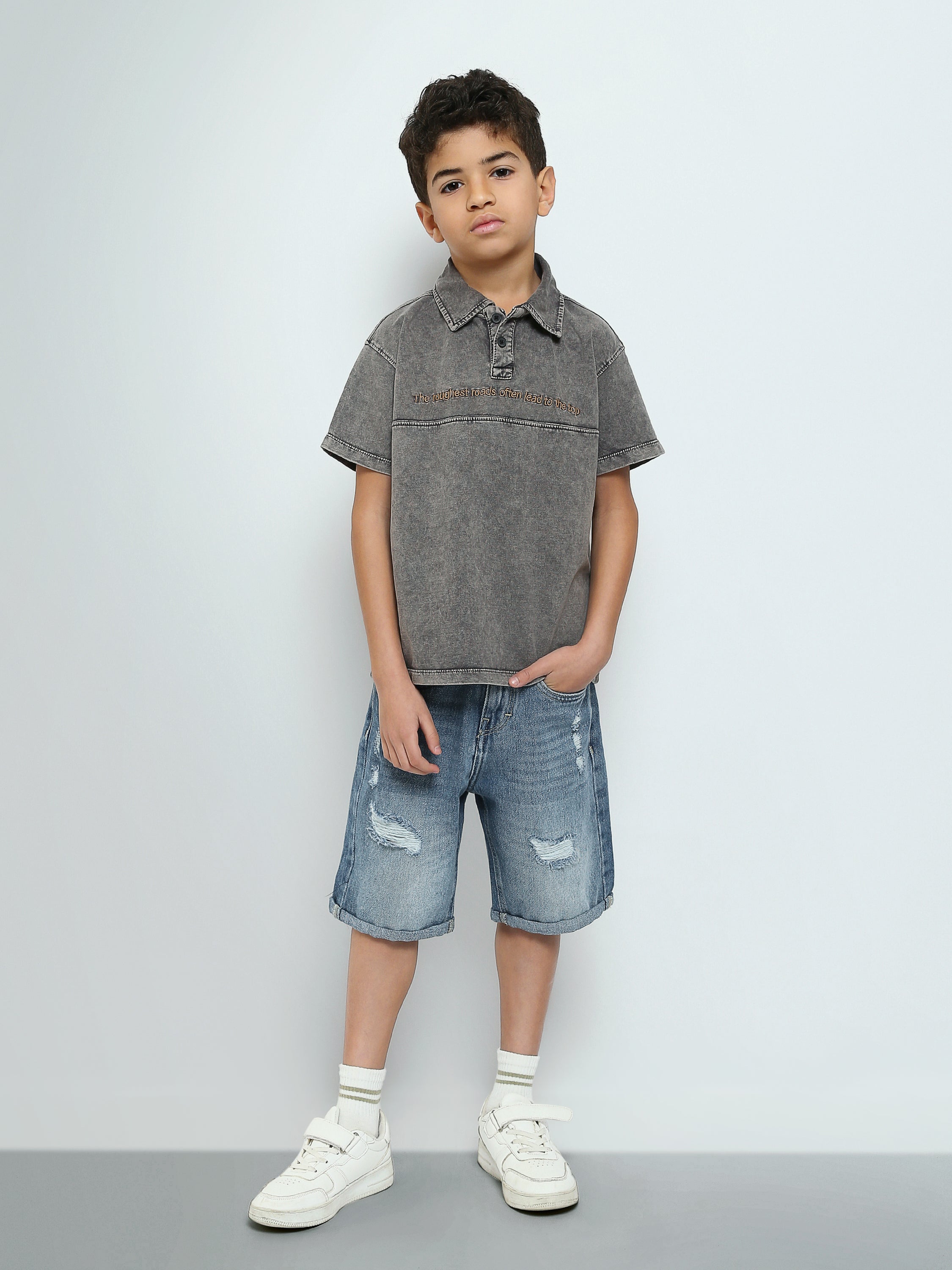 Polo Garçon Délavé à Manches Courtes – Style Casual Moderne avec Broderie - POS25SPWR21075TB1