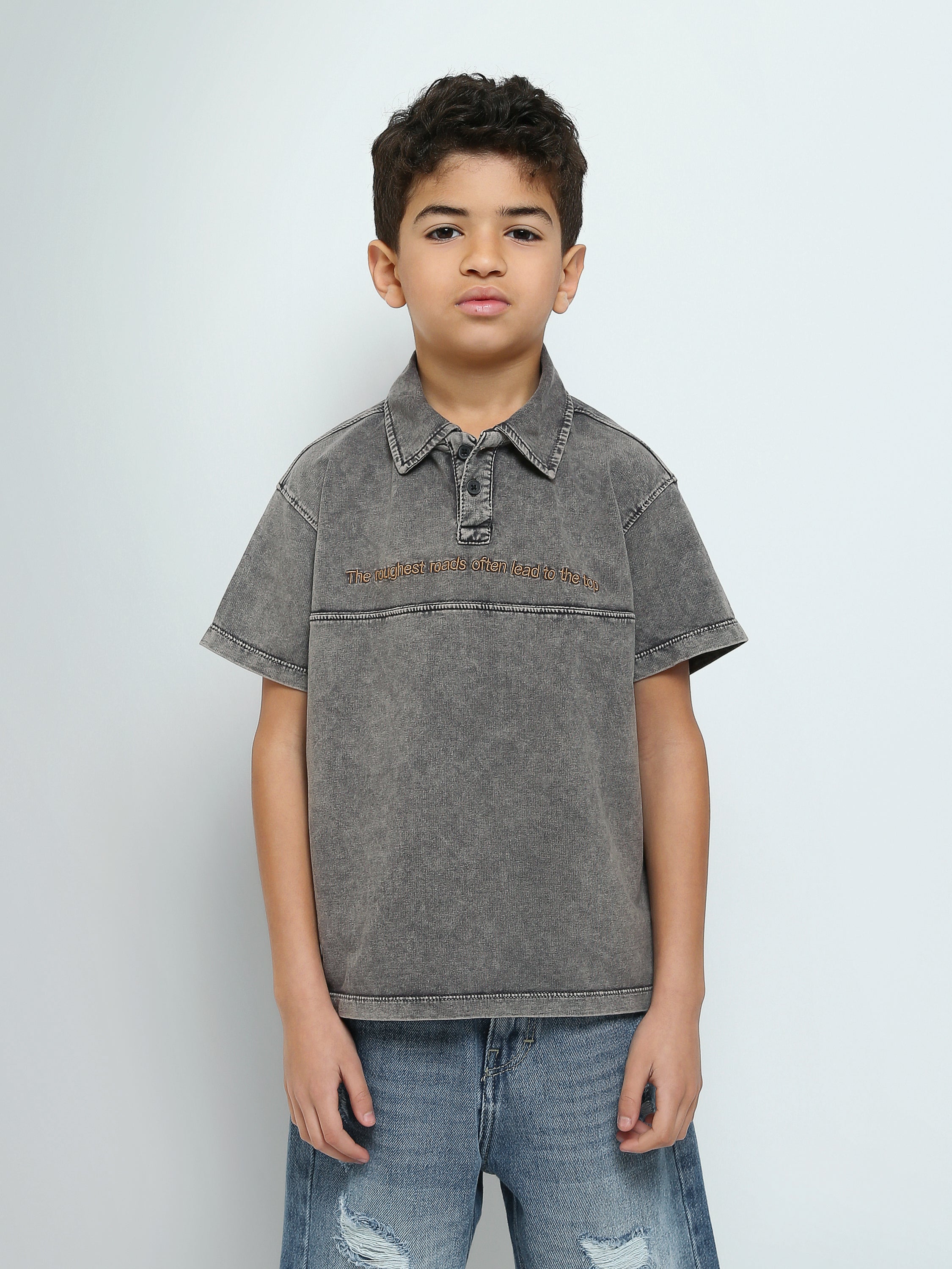 Polo Garçon Délavé à Manches Courtes – Style Casual Moderne avec Broderie - POS25SPWR21075TB1