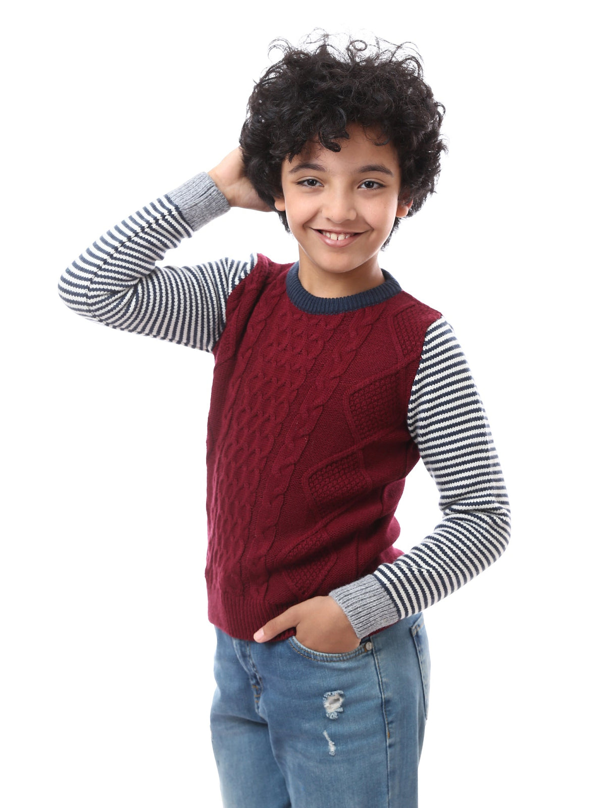 Pull Garçon en Maille Torsadée à Manches Contrastantes – Style Casual - PUL23WAYC27504TB1