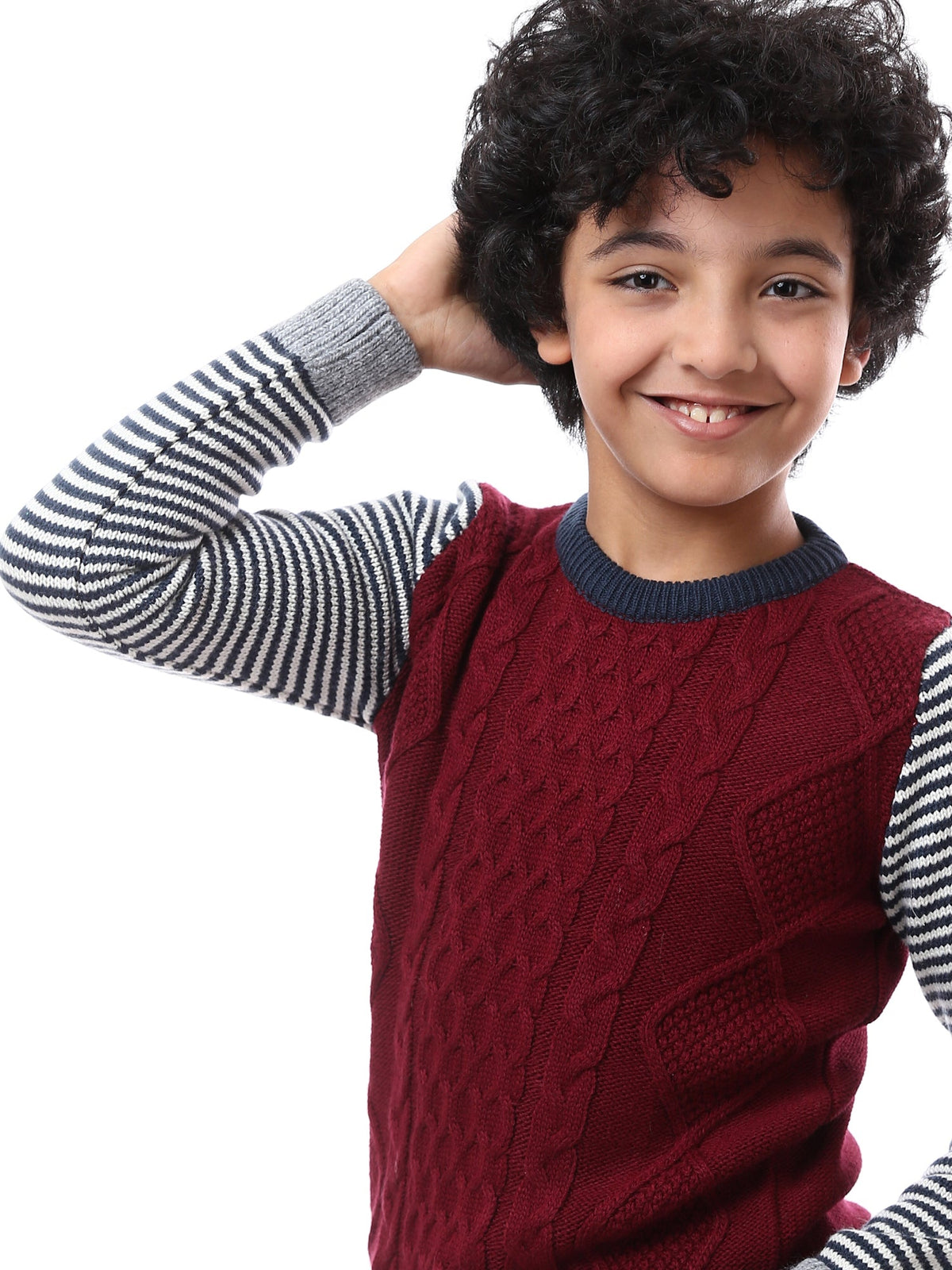 Pull Garçon en Maille Torsadée à Manches Contrastantes – Style Casual - PUL23WAYC27504TB1