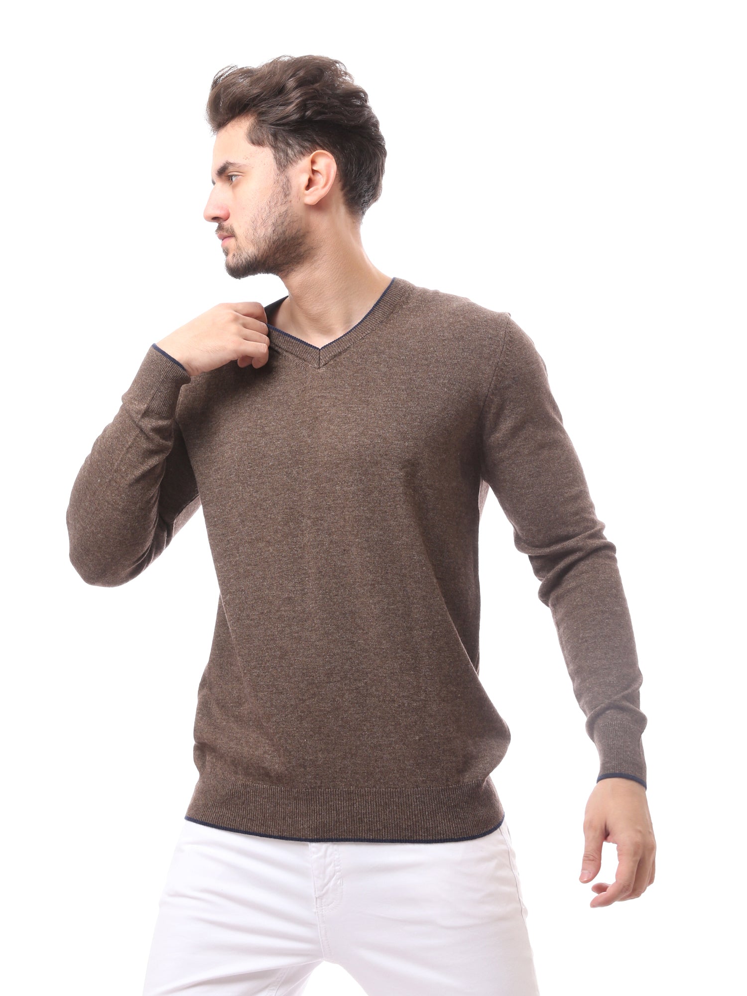 كنزة رجالية بياقة V صوف ناعم بألوان أنيقة - PUL24WTWO27425TM1