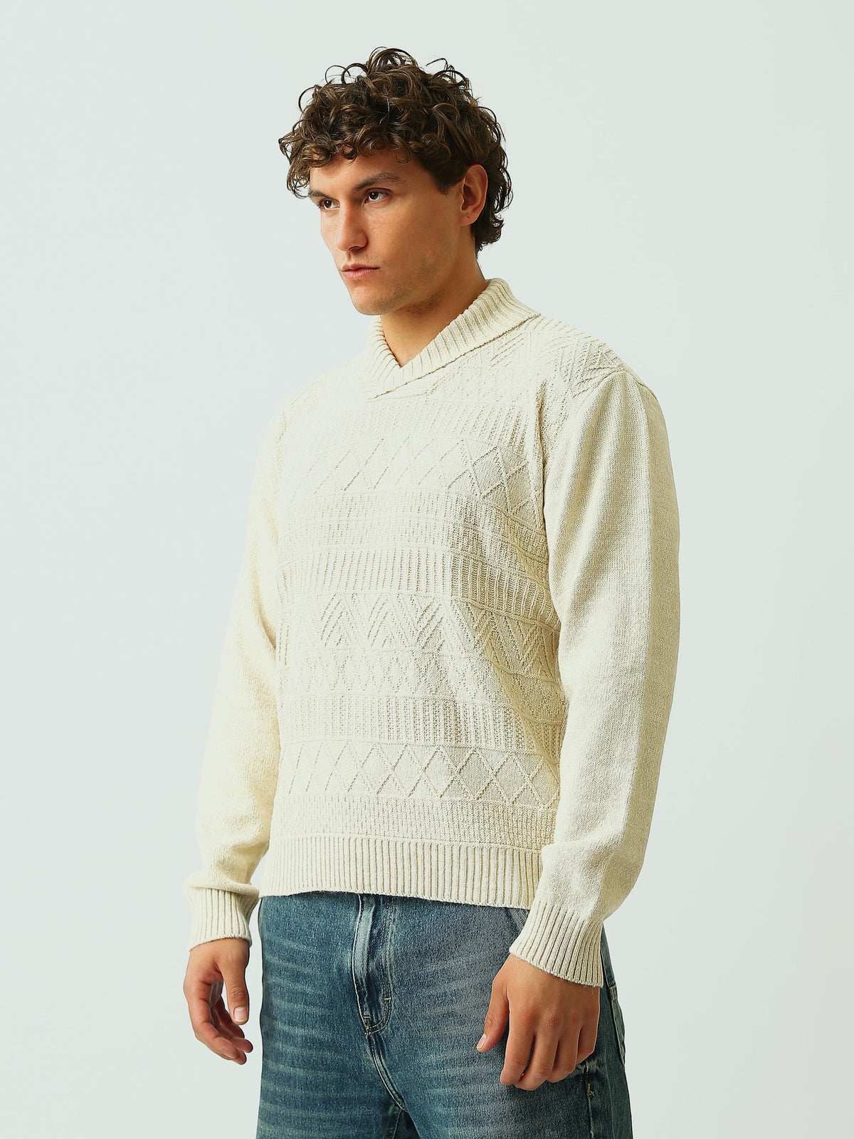 Pull Homme en Maille à Motifs Géométriques et Col Châle - PUL26WPPW27924TM1