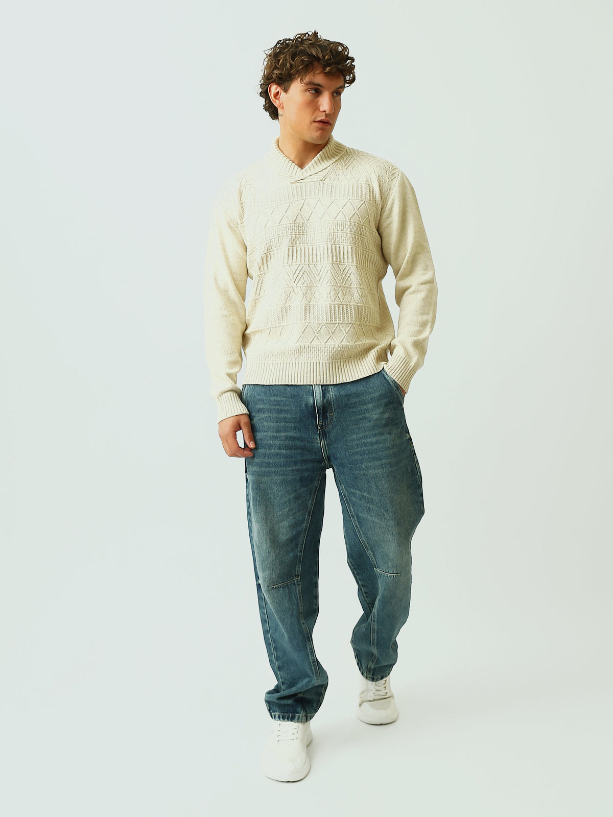 Pull Homme en Maille à Motifs Géométriques et Col Châle - PUL26WPPW27924TM1