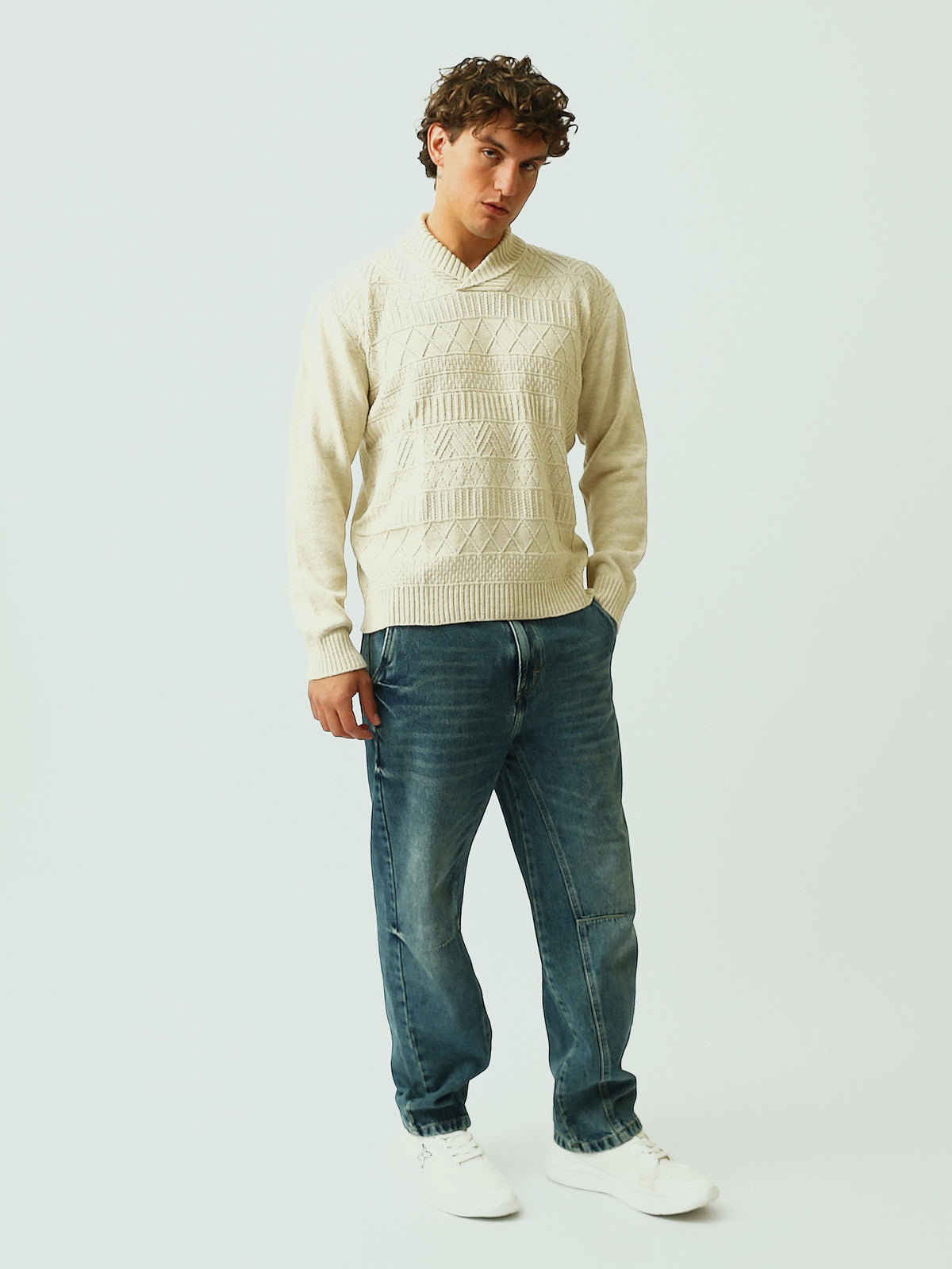 Pull Homme en Maille à Motifs Géométriques et Col Châle - PUL26WPPW27924TM1