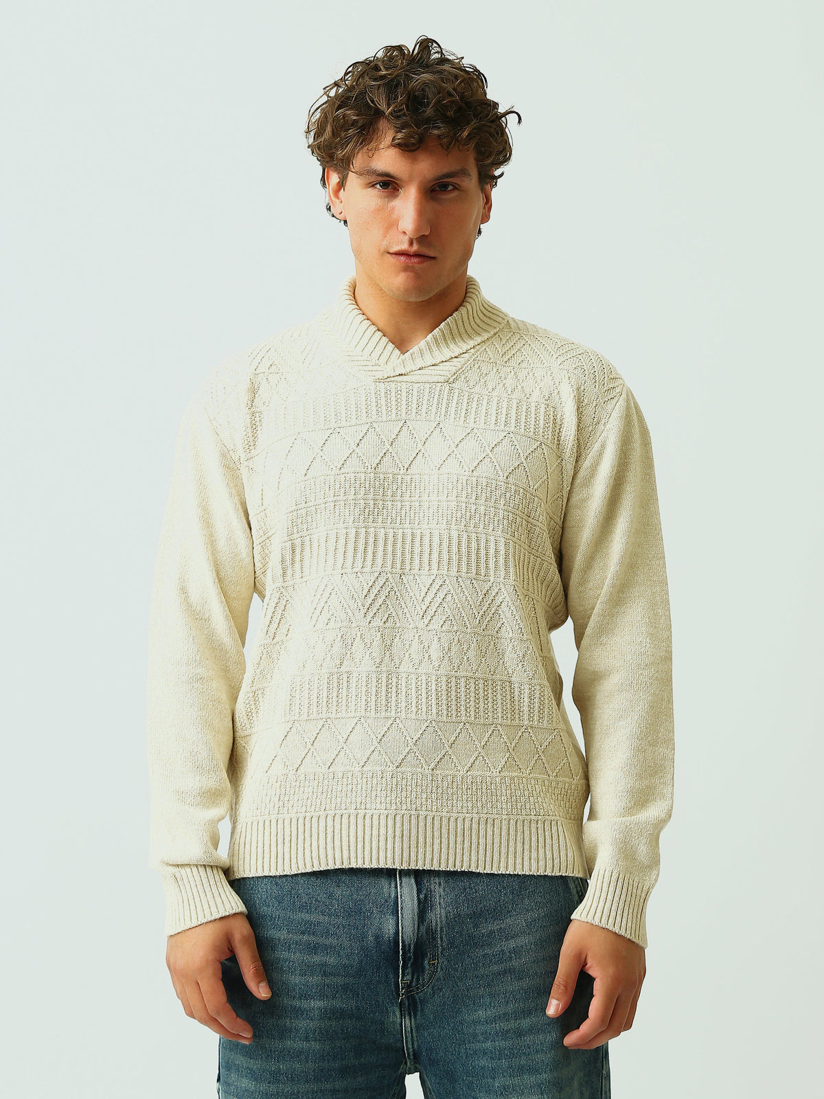 Pull Homme en Maille à Motifs Géométriques et Col Châle - PUL26WPPW27924TM1