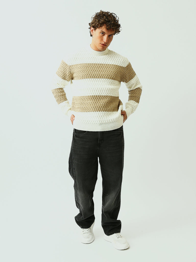 Pull Homme en Maille Texturée à Rayures et Motif Chevron - PUL26WPSR27872TM1