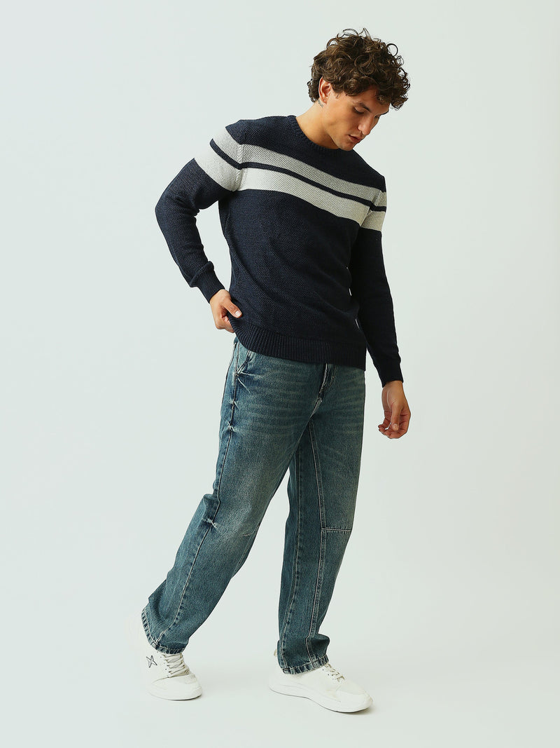 Pull Homme en Maille Texturée à Rayures et Col Rond - PUL26WPSR27888TM1