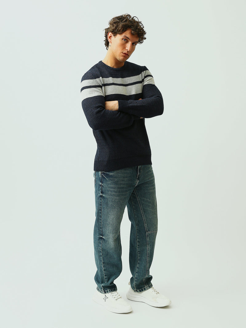 Pull Homme en Maille Texturée à Rayures et Col Rond - PUL26WPSR27888TM1
