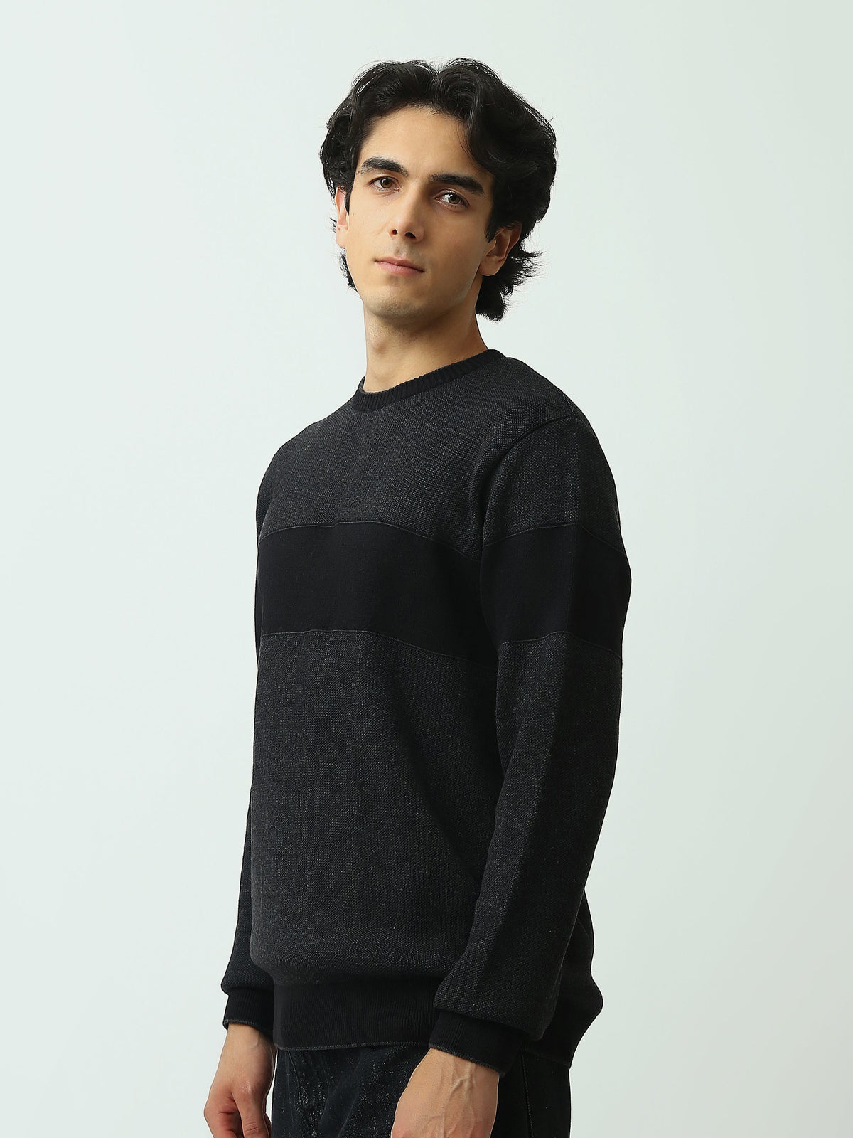 Pull Homme en Maille Texturée à Bandes Horizontales et Col Rond - PUL26WPSR27889TM1