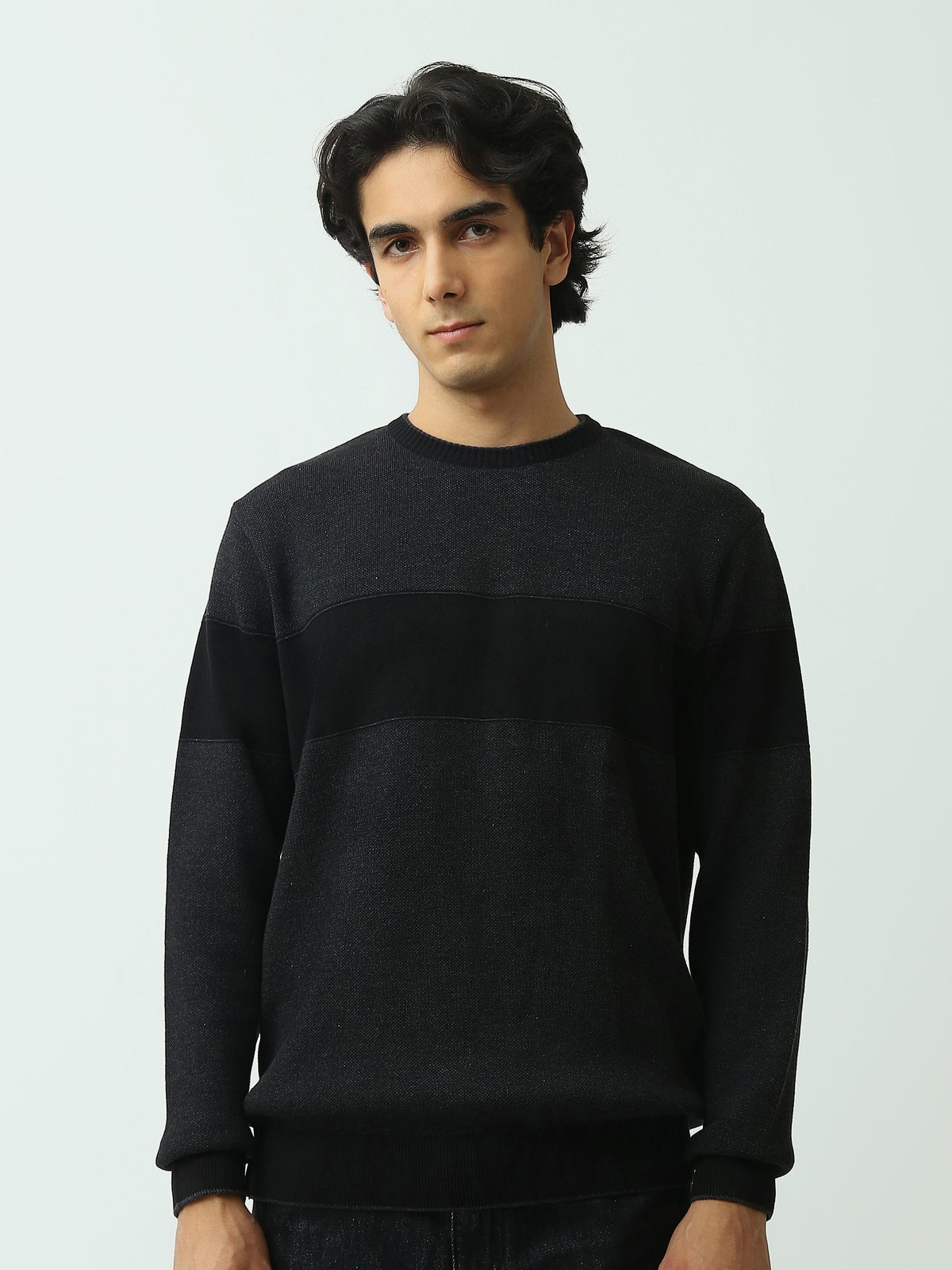 Pull Homme en Maille Texturée à Bandes Horizontales et Col Rond - PUL26WPSR27889TM1