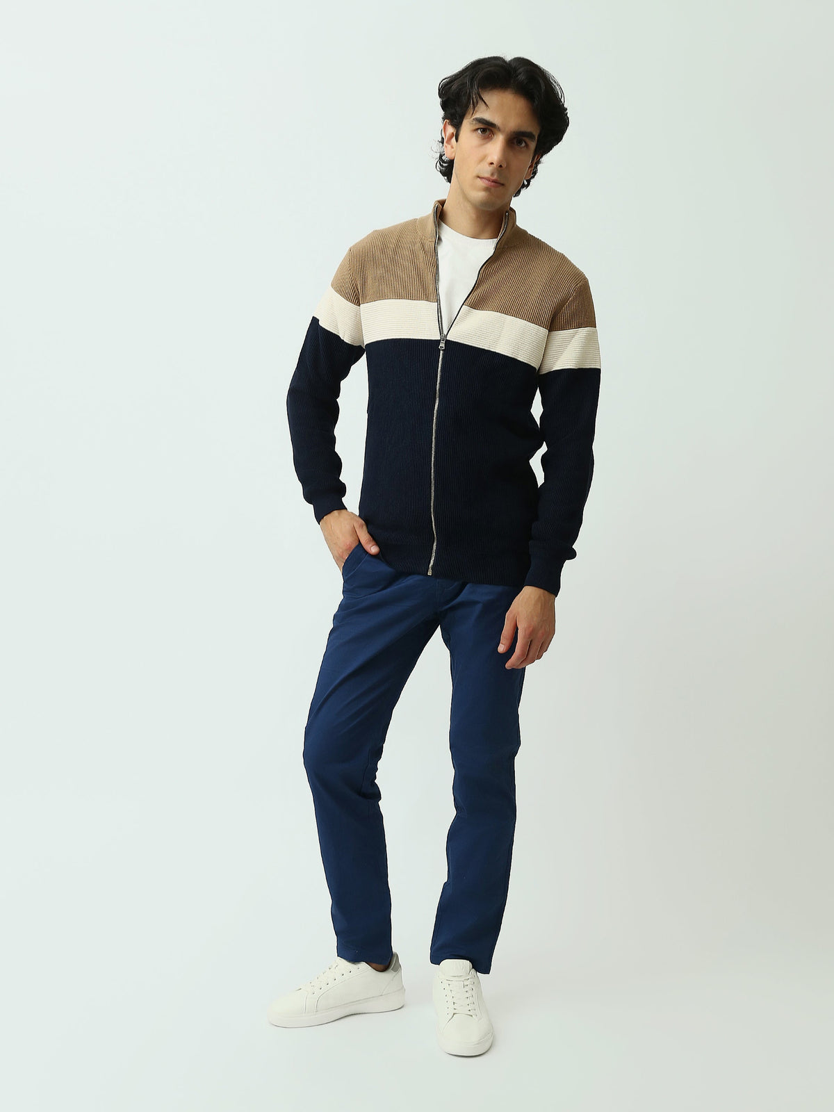 Gilet Homme en Maille Tricolore Zippé à Col Montant – Style Casual - PUL26WPSZ27854TM1