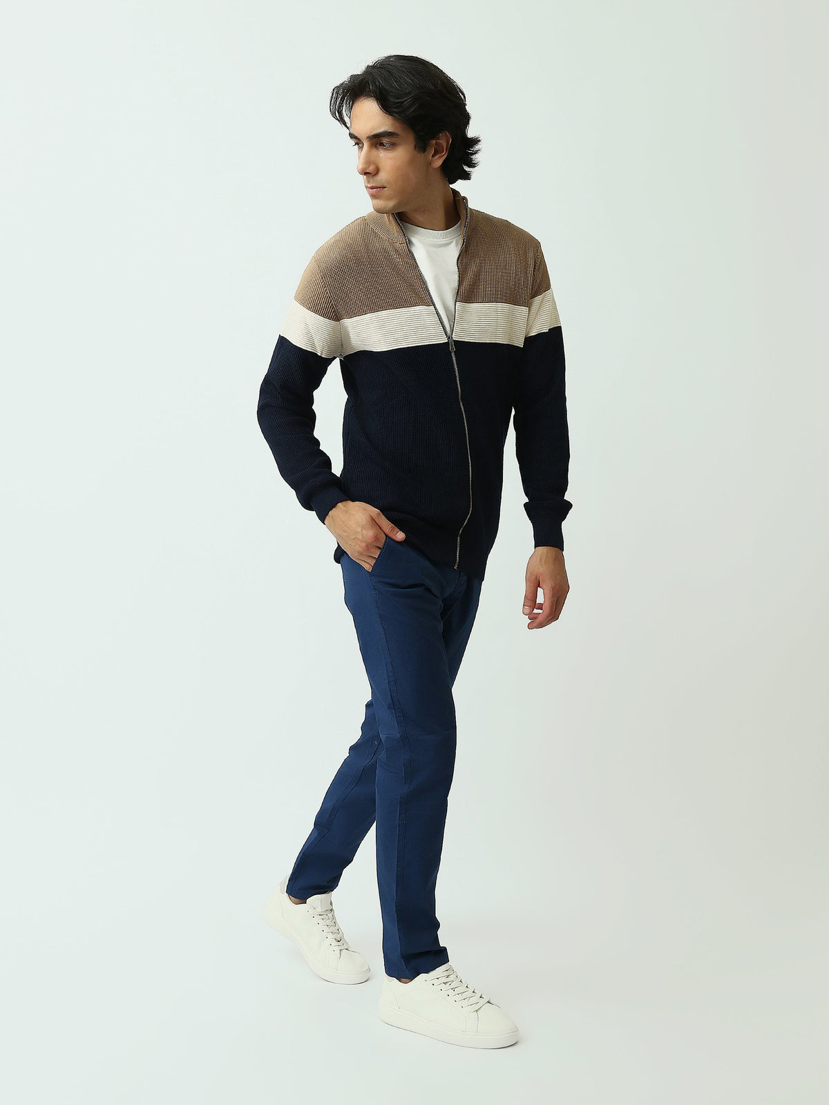 Gilet Homme en Maille Tricolore Zippé à Col Montant – Style Casual - PUL26WPSZ27854TM1