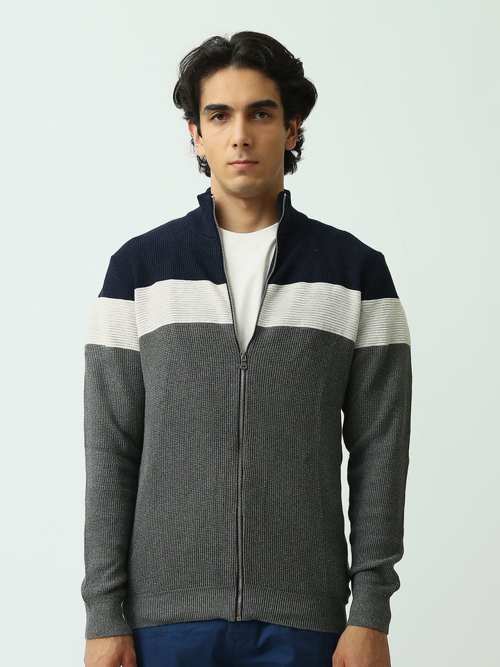 Gilet Homme en Maille Tricolore Zippé à Col Montant – Style Casual - PUL26WPSZ27854TM1