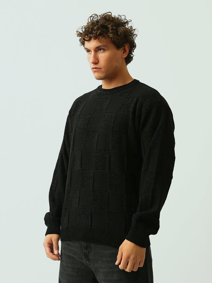 Pull Homme en Maille Texturée à Motif Damier et Col Rond - PUL26WPWR27880TM1