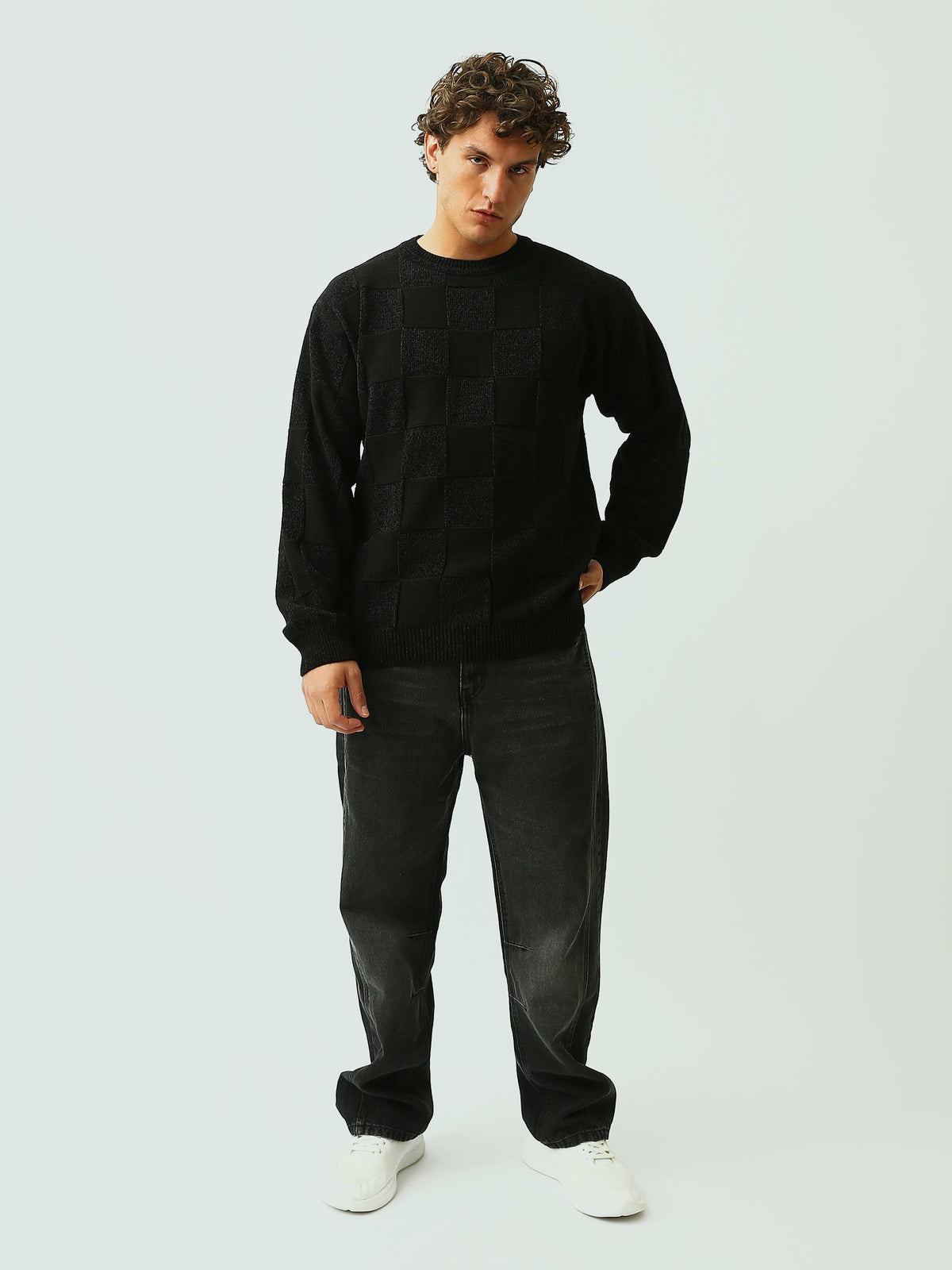 Pull Homme en Maille Texturée à Motif Damier et Col Rond - PUL26WPWR27880TM1