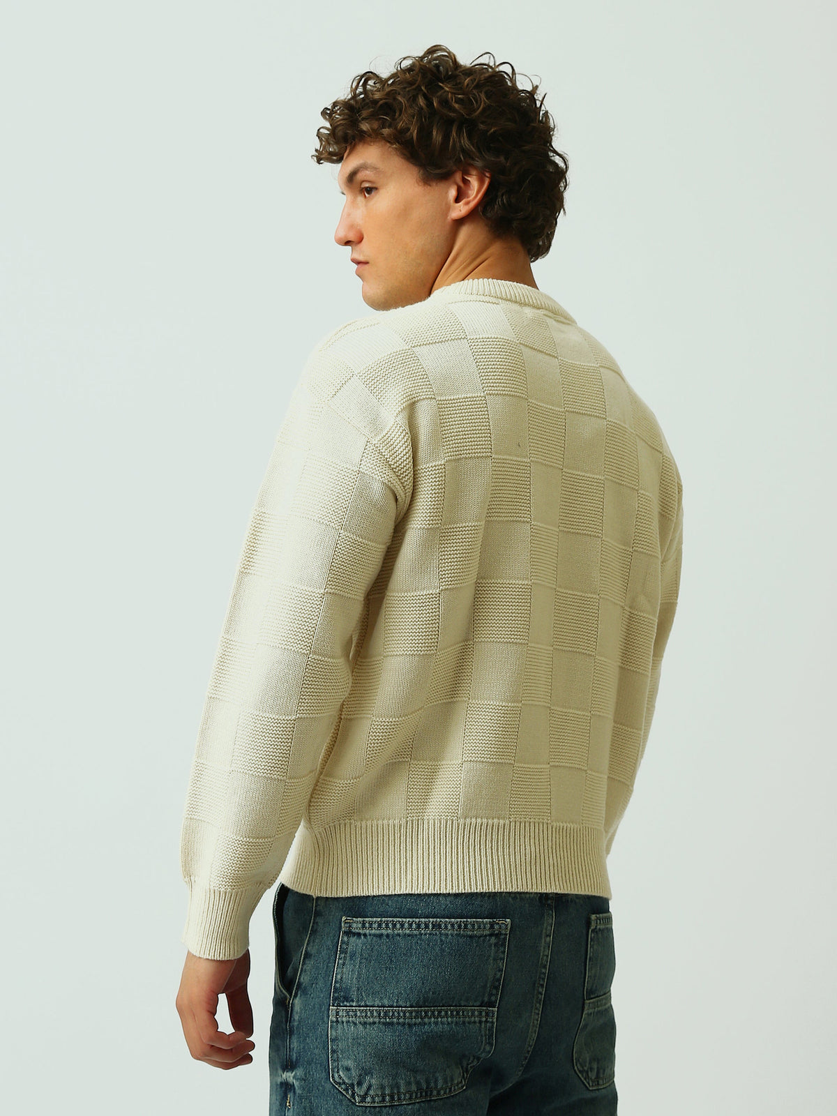 Pull Homme en Maille à Motif Damier et Col Rond - PUL26WPXR27913TM1