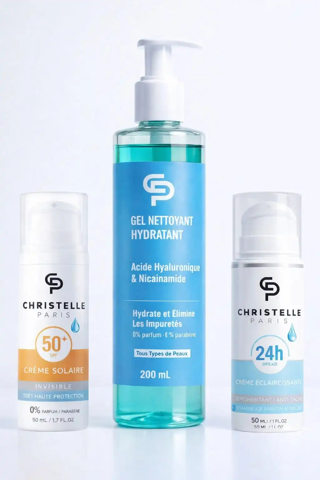 Pack Soin Complet : Gel Lavant Hydratant 200 ml + Crème Dépigmentante 50 ml + Crème Solaire Invisible SPF 50 – Routine Quotidienne