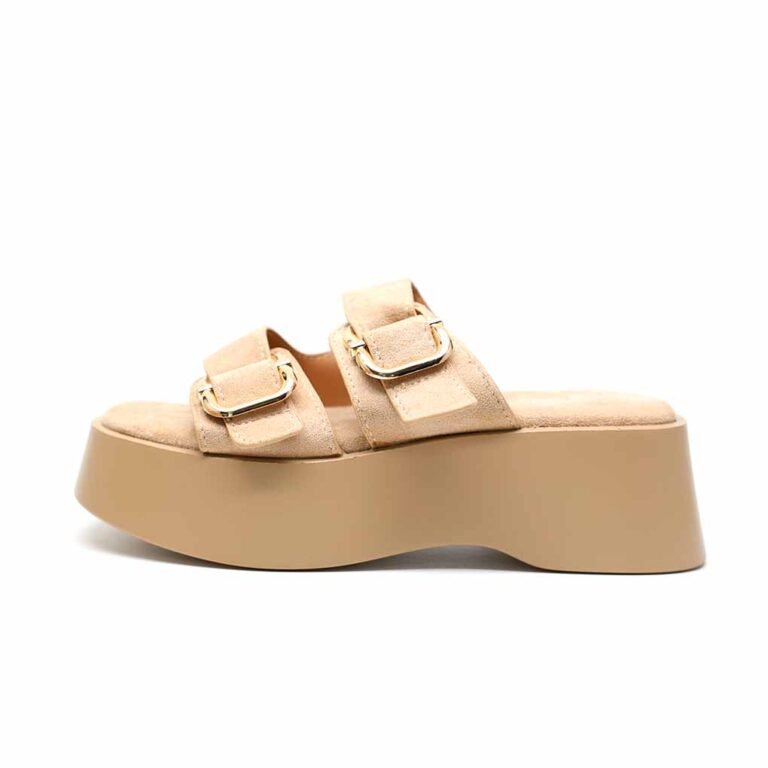 Mules Compensées Femme à Double Bride et Boucles Dorées