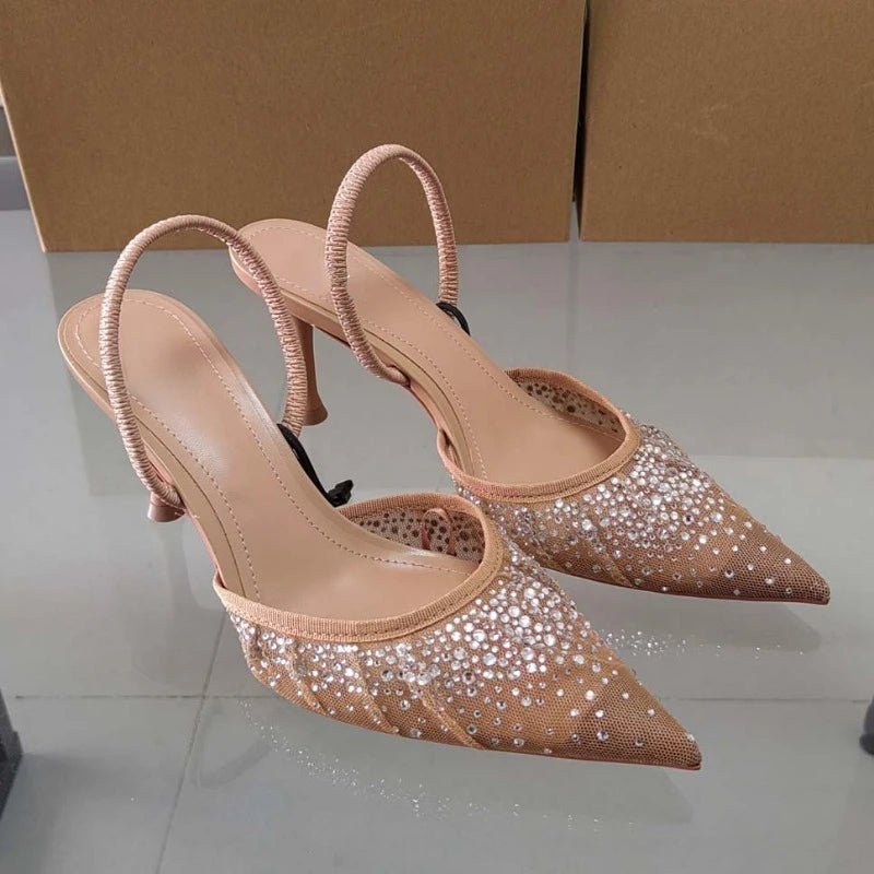 2024 Women High Heels Sandals Glitter Rhinestone Pointed Slingbacks Designer Summer Mesh Elegant Ladies Party Wedding Shoes