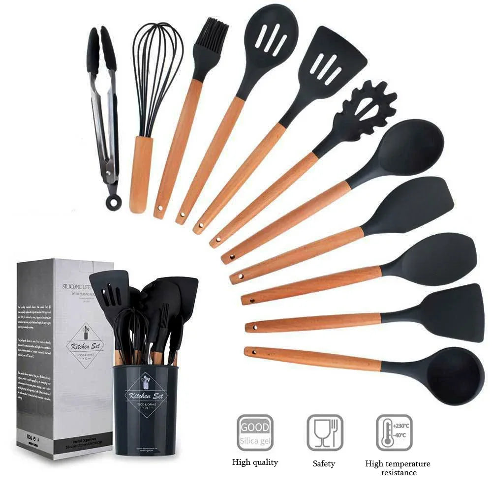 Ensemble d'ustensiles de cuisine antiadhésifs en silicone F2, 12 pièces, spatule, pelle, batteurs à œufs, manche en bois, ensemble d'outils de cuisine