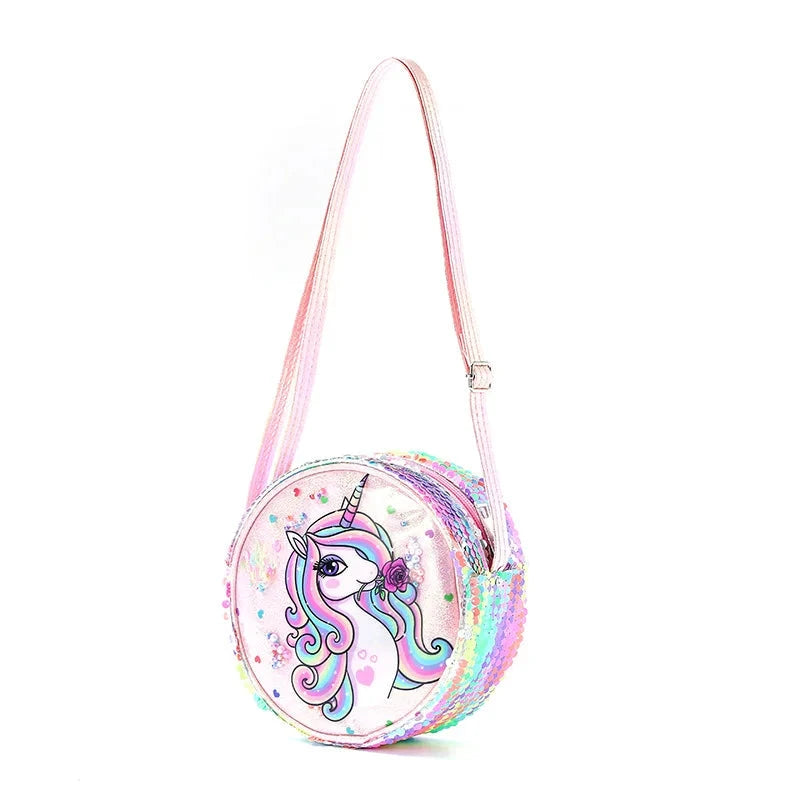 Kids Accessories Summer Lovely Kids Girls Sequin Crossbody Bag 3 Colors Cartoon Printed Round Shoulder Bag with Adjustable Strap MU Group