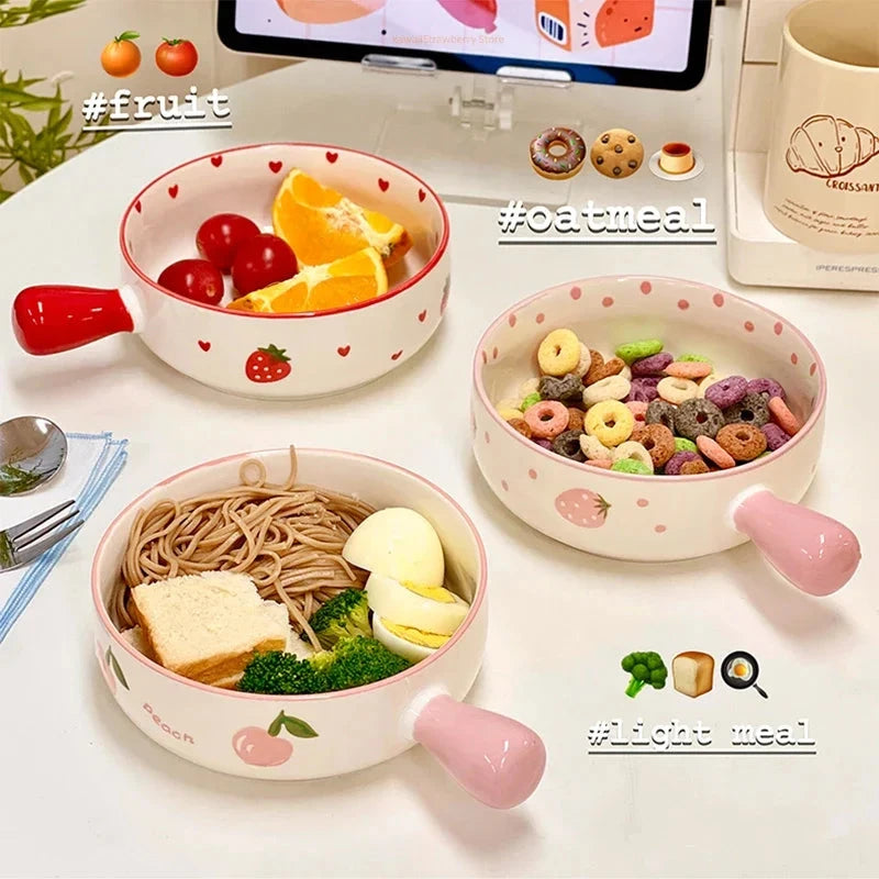 Cute Strawberry Peach Bowl Plate Kitchen Bowl with Handle Tableware Gift for Kids Girl Women Ceramic Fruit  Salad Noodle Ramen MU Group