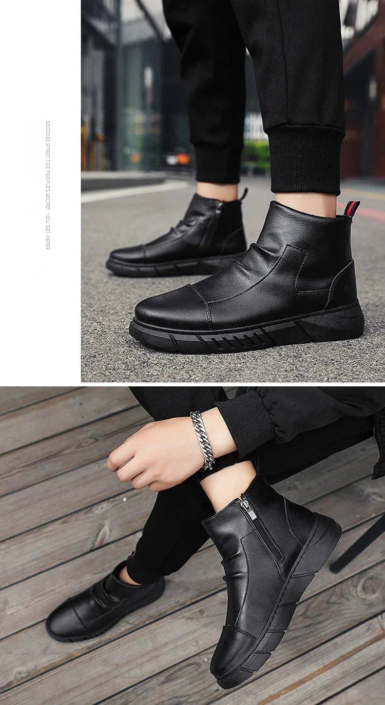 Bottes Homme Noires – Bottines en Cuir Mode, Chaussures à Plateforme et à Fermeture Éclair, Bottes Moto Confortables