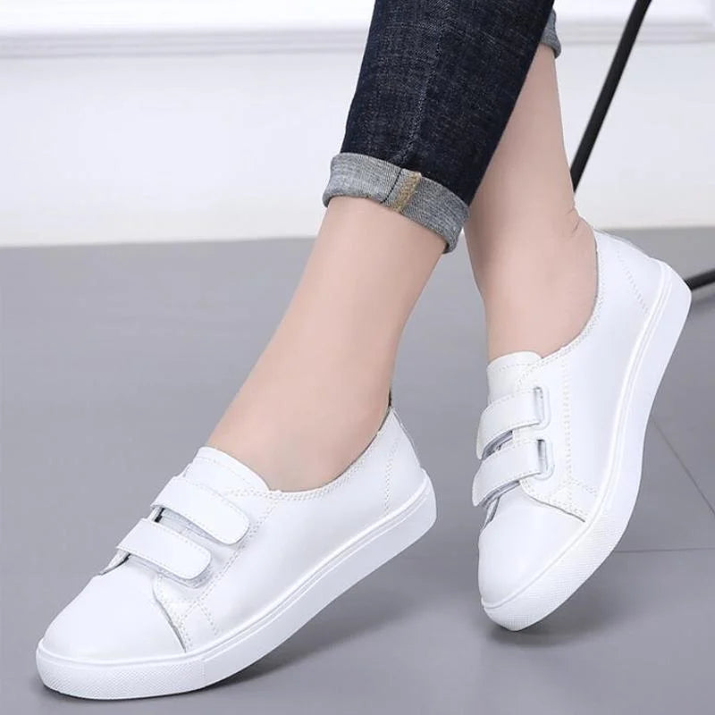 Spring New White Shoes Leather PU Casual for Women's Breathable Running Shoes Students Sneakers Tennis Female Hook & Loop Autumn