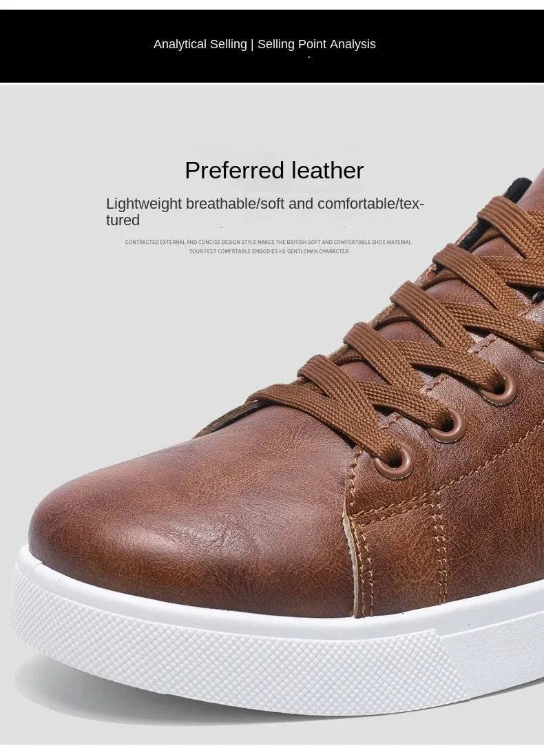 Classic Men Leather Shoes Thick-soled Casual Sneakers Trendy Lace-up Walking Shoes Spring Anti-slip Comfortable Vulcanized Shoes MU Group