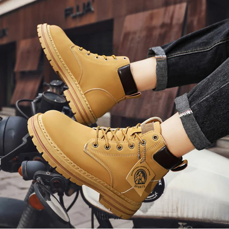 Men's Boots High Top Ankle Boots Trend Men Shoes Non-Slip Lace-Up Leather Shoes Men Wear-Resistant Hiking Boot Botas Para Hombre MU Group