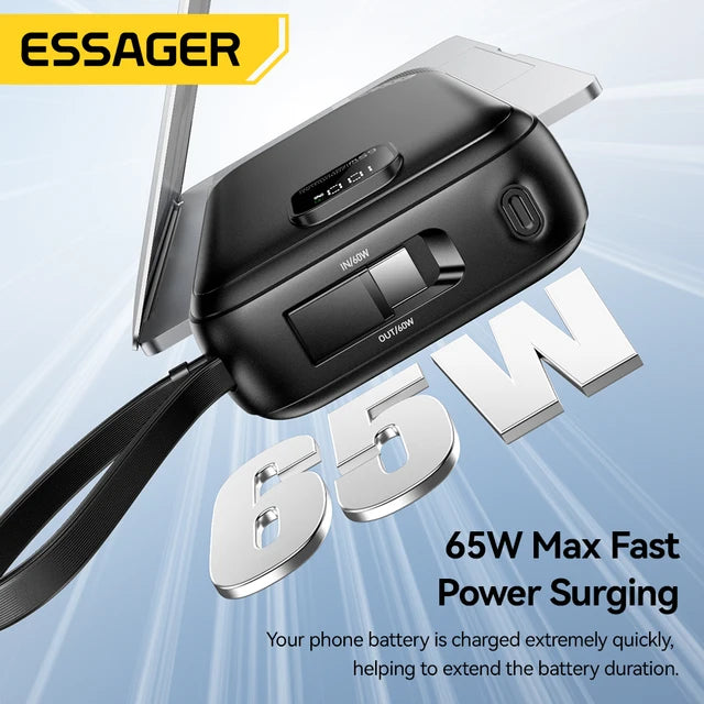 Essager Power Bank 20000mAh 65W PD avec 2 Câbles Intégrés Charge Rapide Maroc