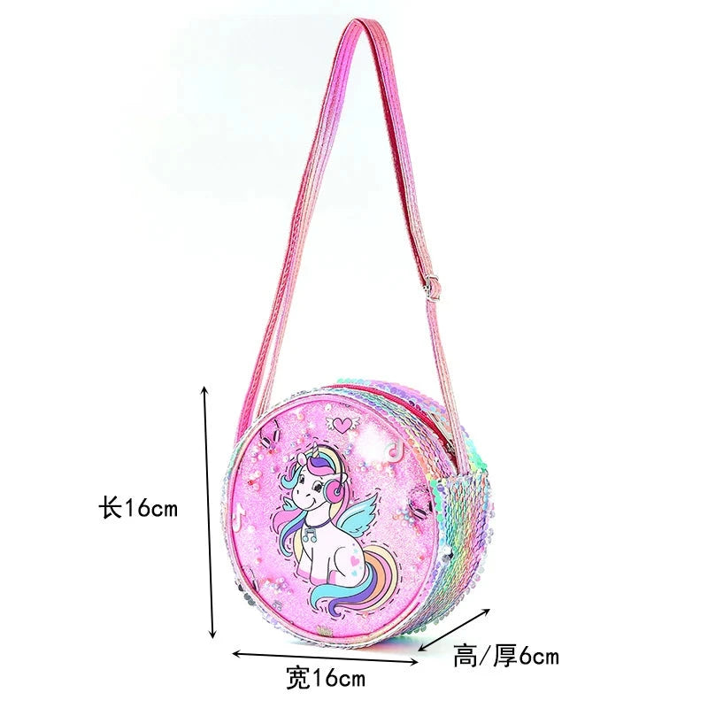 Kids Accessories Summer Lovely Kids Girls Sequin Crossbody Bag 3 Colors Cartoon Printed Round Shoulder Bag with Adjustable Strap MU Group