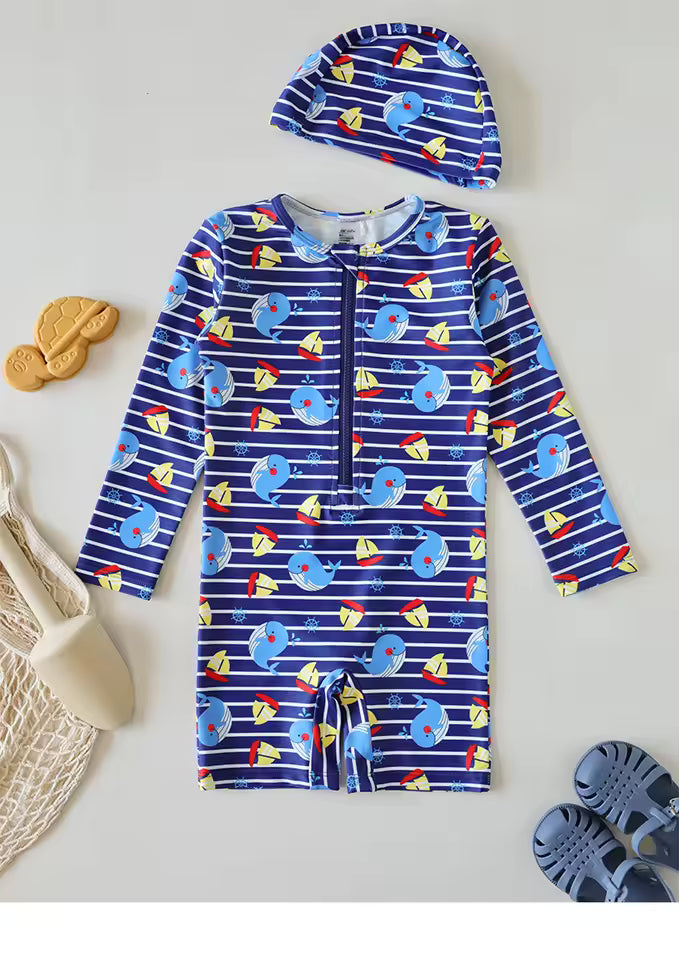 Maillot de Bain Enfant 1 Pièce avec Bonnet – Manches Longues Motif Marin
