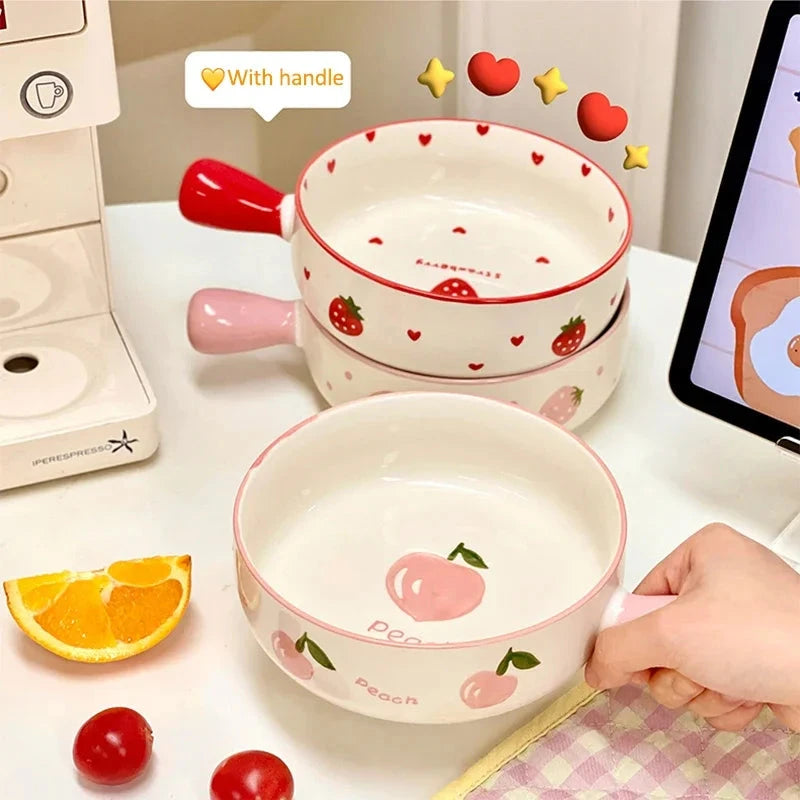 Cute Strawberry Peach Bowl Plate Kitchen Bowl with Handle Tableware Gift for Kids Girl Women Ceramic Fruit  Salad Noodle Ramen MU Group