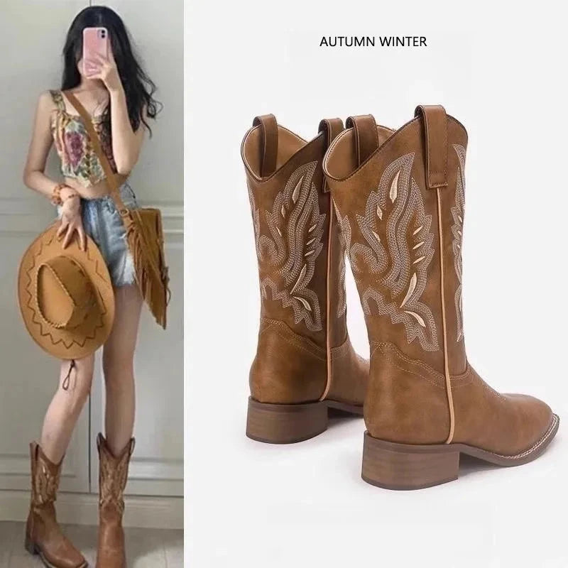 Versatile Western Cowboy Boots Summer Coarse Heel Embroidered Sleeve Knight Boots Mid Barrel Square Head Horseshoe Large MU Group