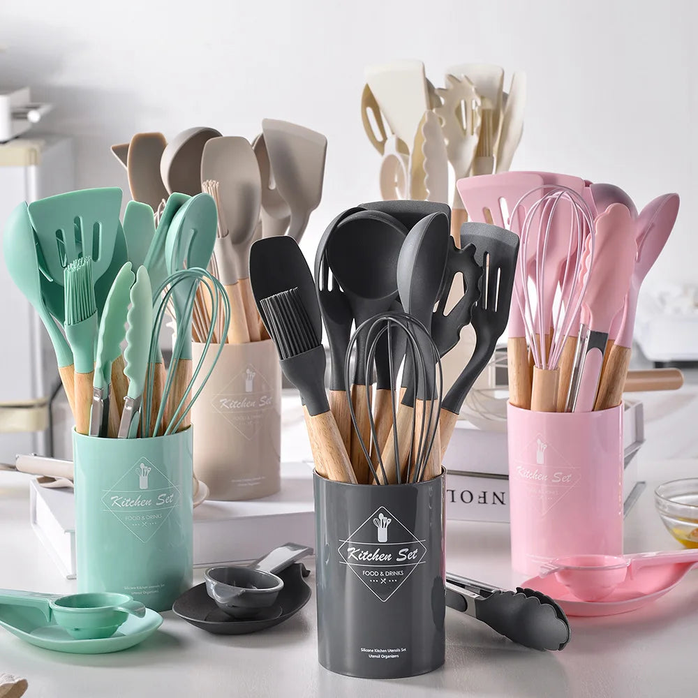 Ensemble d'ustensiles de cuisine antiadhésifs en silicone F2, 12 pièces, spatule, pelle, batteurs à œufs, manche en bois, ensemble d'outils de cuisine