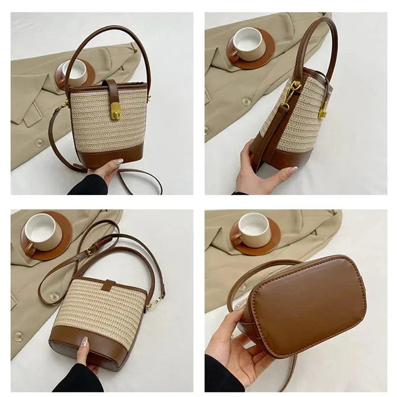 Sac à Main Femme en Paille Tendance – Sac Seau Tressé fait Main, Sac à Bandoulière Été et Plage - Justyol