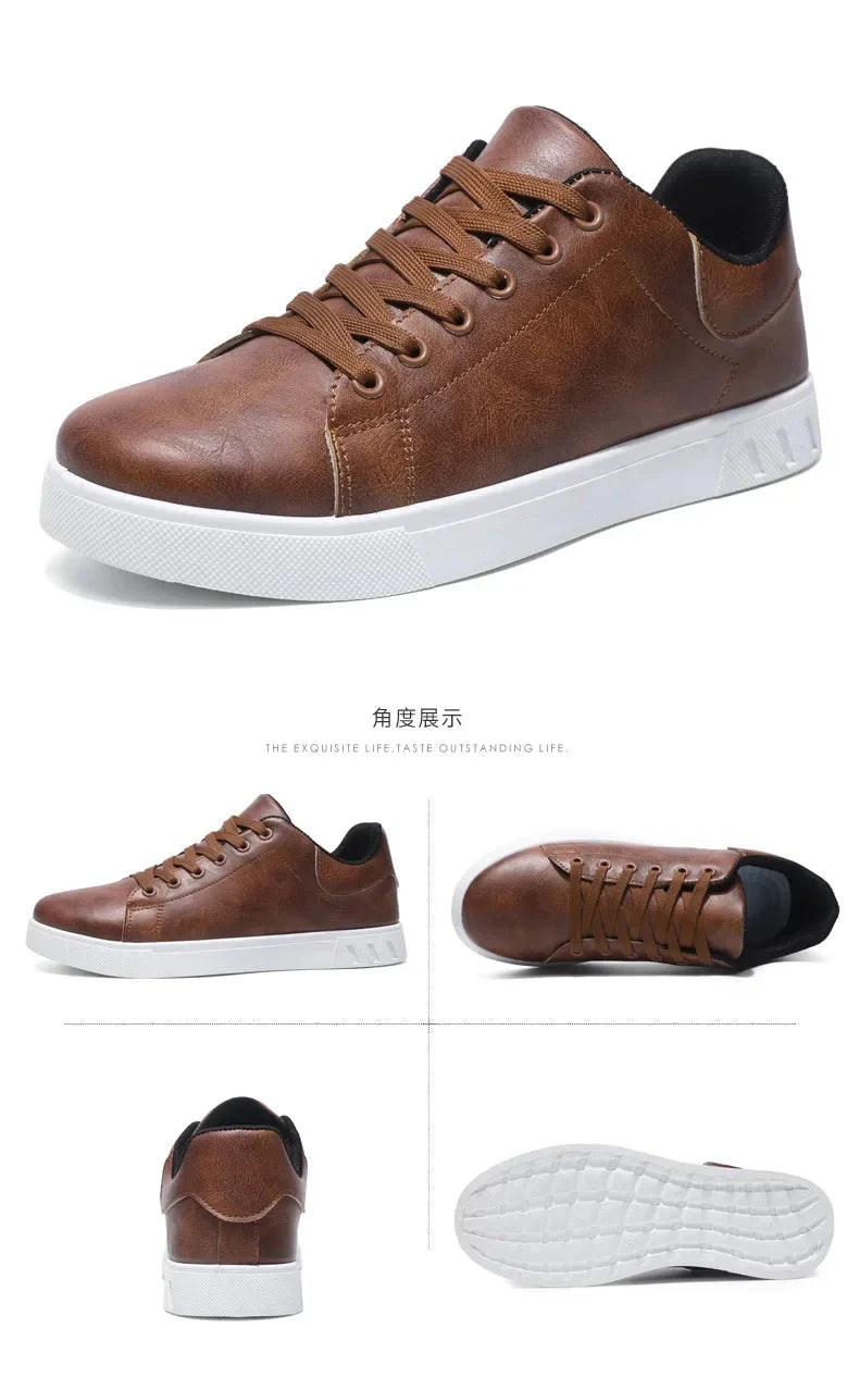 Classic Men Leather Shoes Thick-soled Casual Sneakers Trendy Lace-up Walking Shoes Spring Anti-slip Comfortable Vulcanized Shoes MU Group