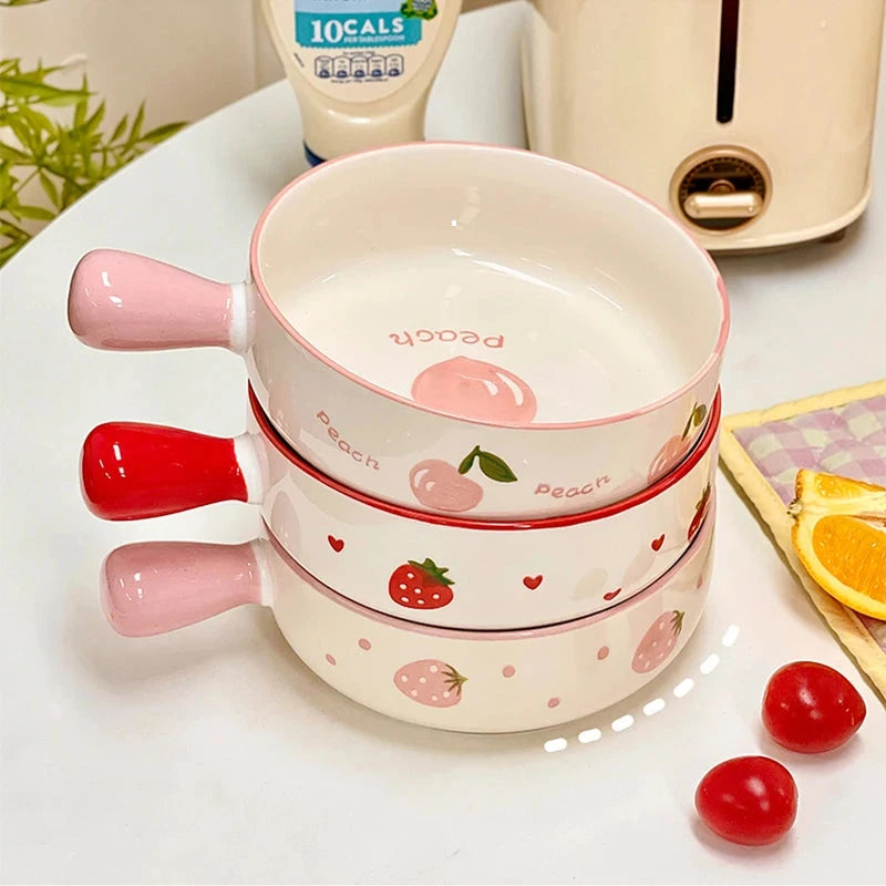 Cute Strawberry Peach Bowl Plate Kitchen Bowl with Handle Tableware Gift for Kids Girl Women Ceramic Fruit  Salad Noodle Ramen MU Group