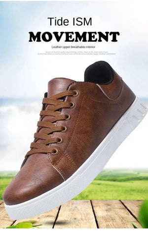 Classic Men Leather Shoes Thick-soled Casual Sneakers Trendy Lace-up Walking Shoes Spring Anti-slip Comfortable Vulcanized Shoes MU Group