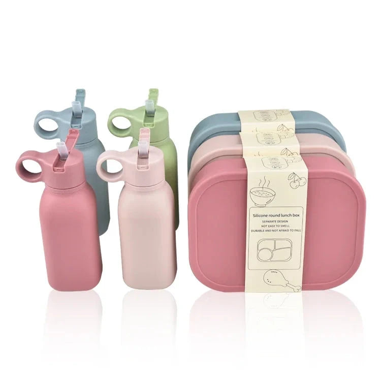 4PC/Set Silicone Bento Box Straw Water Bottle Leak-Proof Lunch Container Fork Spoon With Packaging Card BPA-Free Dishwasher Safe MU Group