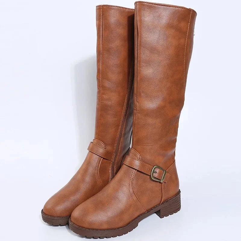 Women Knee High Boots Platform Long Boots Low Heels Round Toe Shoes New Zip Brown High Boot Vintage Pu Leather Women Boots 2025 MU Group