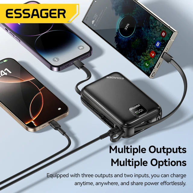 Essager Power Bank 20000mAh 65W PD avec 2 Câbles Intégrés Charge Rapide Maroc