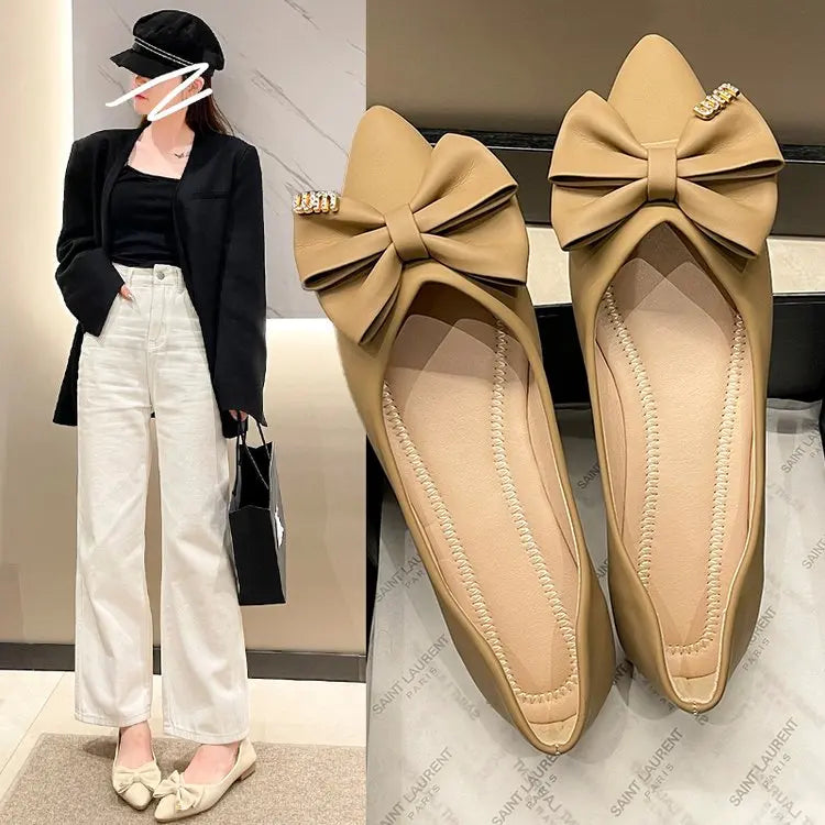 2024 Leather Spring Autumn Handmade Bowknot Flats Ballerina Shoes Women Loafers Soft Leather Metal Button Women Flats Shoes