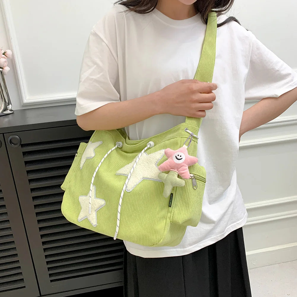 Femmes étoile motif velours côtelé sac à bandoulière décontracté fourre-tout dame Simple grande capacité sac à bandoulière fille voyage école cartable sac à main